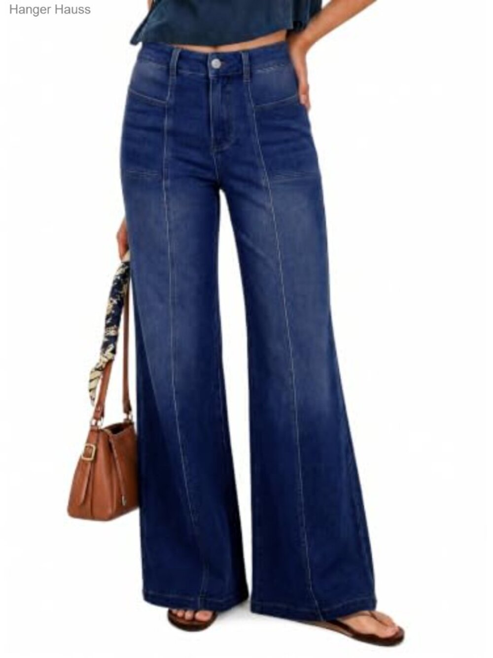 Wide Leg Stretchy Knit Denim Jeans High Waisted Flared Casual Pants